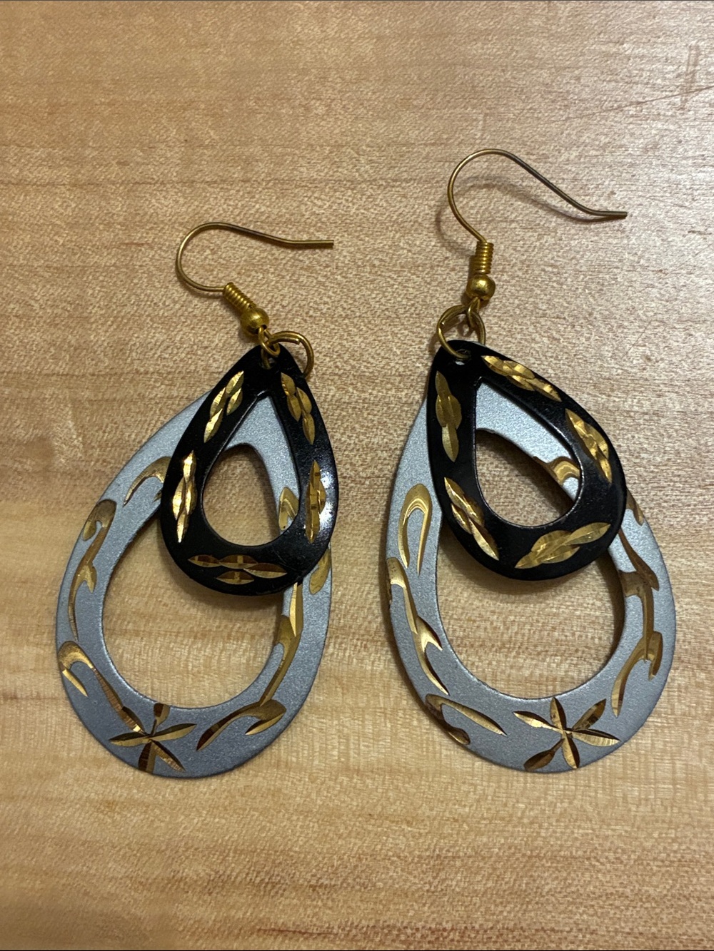 Black and Silver, Engraved Gold Metal Earrings